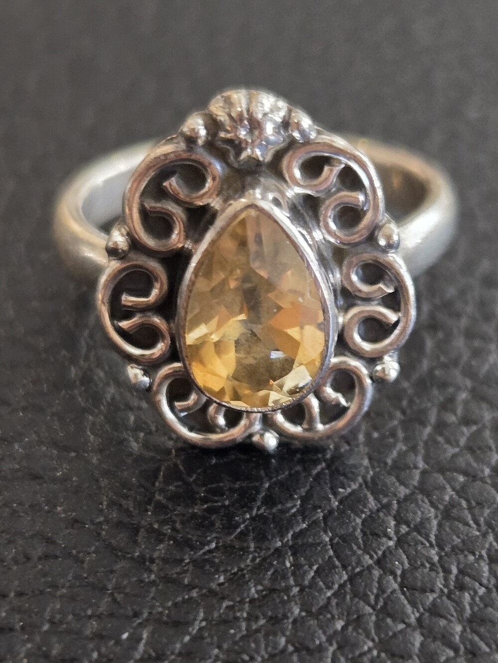 Vintage Style Sterling Silver Teardrop Pear Citrine Ring - Size 3